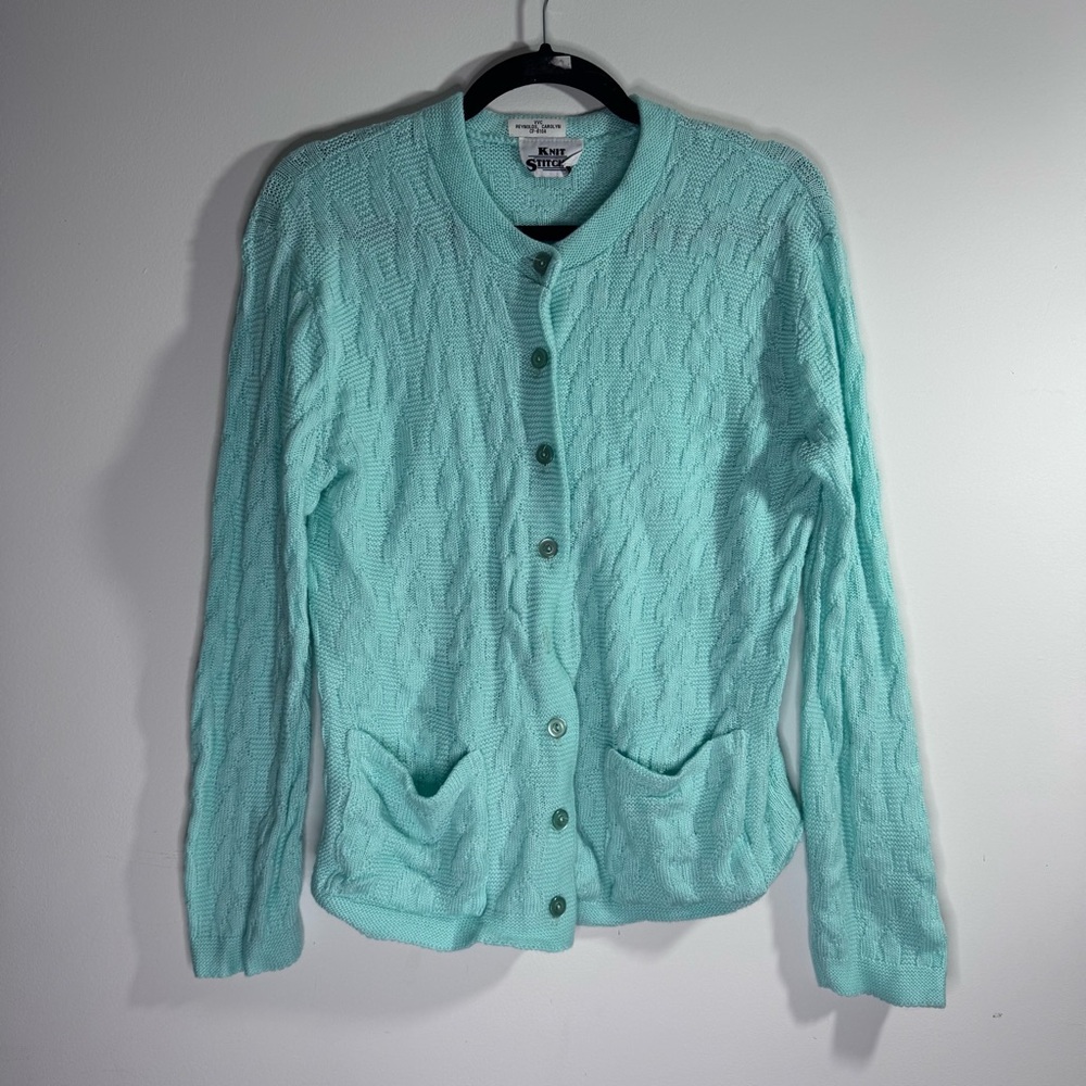 Vintage Knit Stitches Cardigan Aqua Cable Knit Button Front USA XL